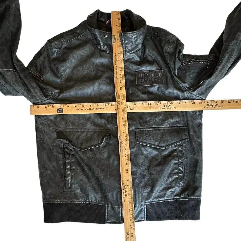 Tommy Hilfiger Mens Coat Size Large Black Faux Leather Fur Bomber Styler Y2K